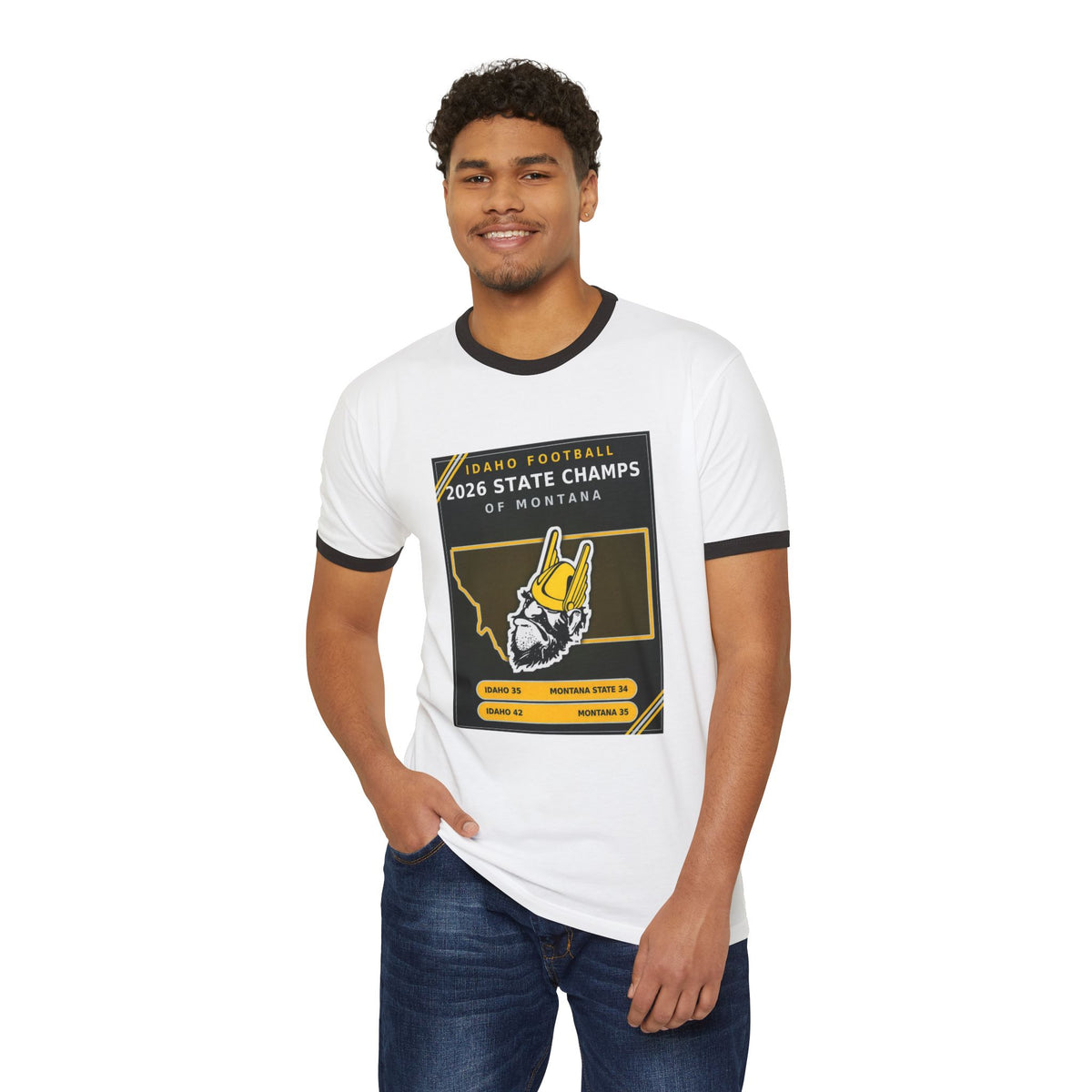Idaho Football 2026 State Champs of Montana Ringer T-Shirt | Idaho Vandals Victory Tee