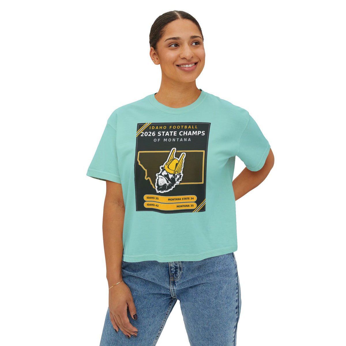 Idaho Football 2026 State Champs of Montana Women's Boxy Tee | Idaho Vandals Victory Shirt