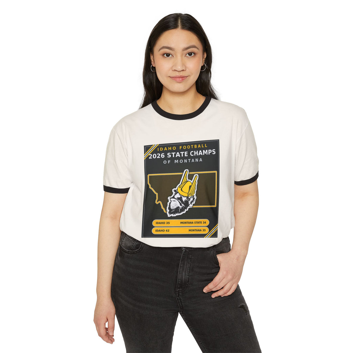 Idaho Football 2026 State Champs of Montana Ringer T-Shirt | Idaho Vandals Victory Tee