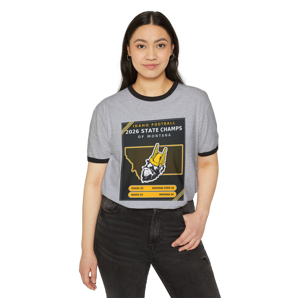 Idaho Football 2026 State Champs of Montana Ringer T-Shirt | Idaho Vandals Victory Tee