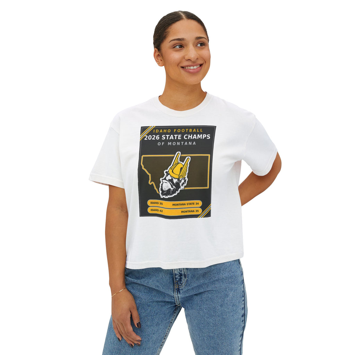 Idaho Football 2026 State Champs of Montana Women's Boxy Tee | Idaho Vandals Victory Shirt