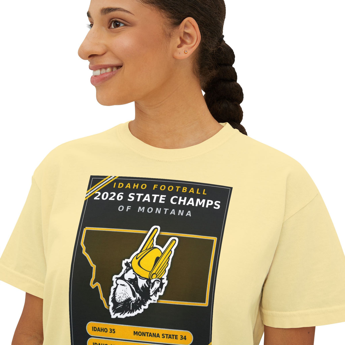 Idaho Football 2026 State Champs of Montana Women's Boxy Tee | Idaho Vandals Victory Shirt