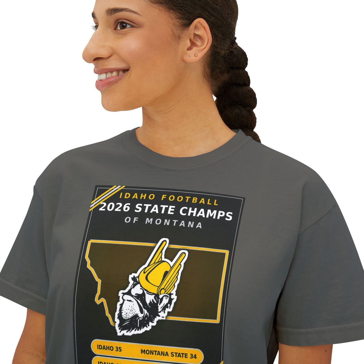 Idaho Football 2026 State Champs of Montana Women's Boxy Tee | Idaho Vandals Victory Shirt