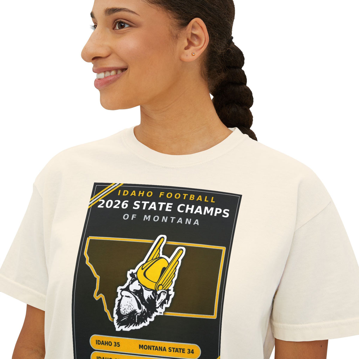 Idaho Football 2026 State Champs of Montana Women's Boxy Tee | Idaho Vandals Victory Shirt