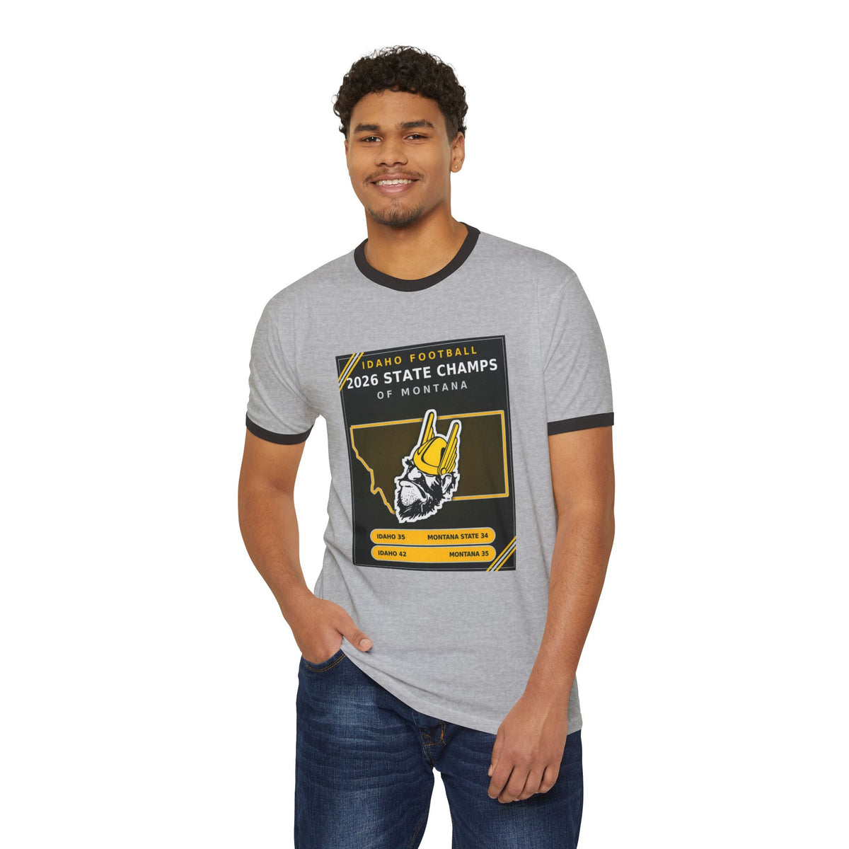 Idaho Football 2026 State Champs of Montana Ringer T-Shirt | Idaho Vandals Victory Tee