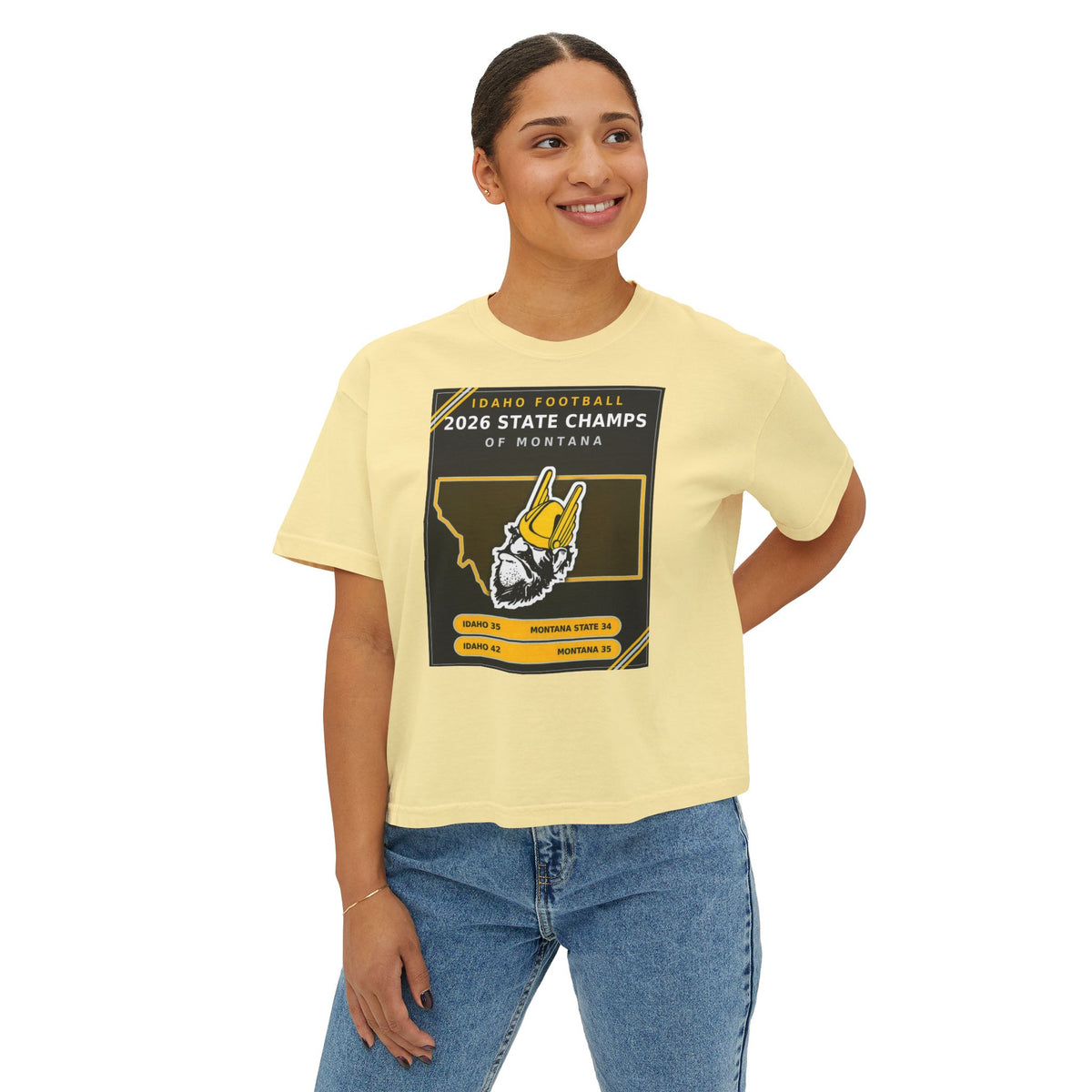Idaho Football 2026 State Champs of Montana Women's Boxy Tee | Idaho Vandals Victory Shirt