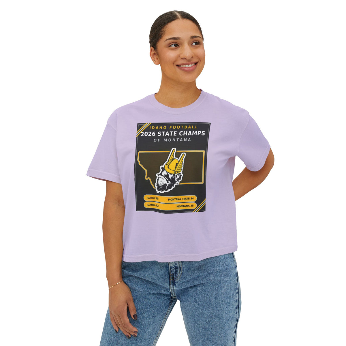 Idaho Football 2026 State Champs of Montana Women's Boxy Tee | Idaho Vandals Victory Shirt