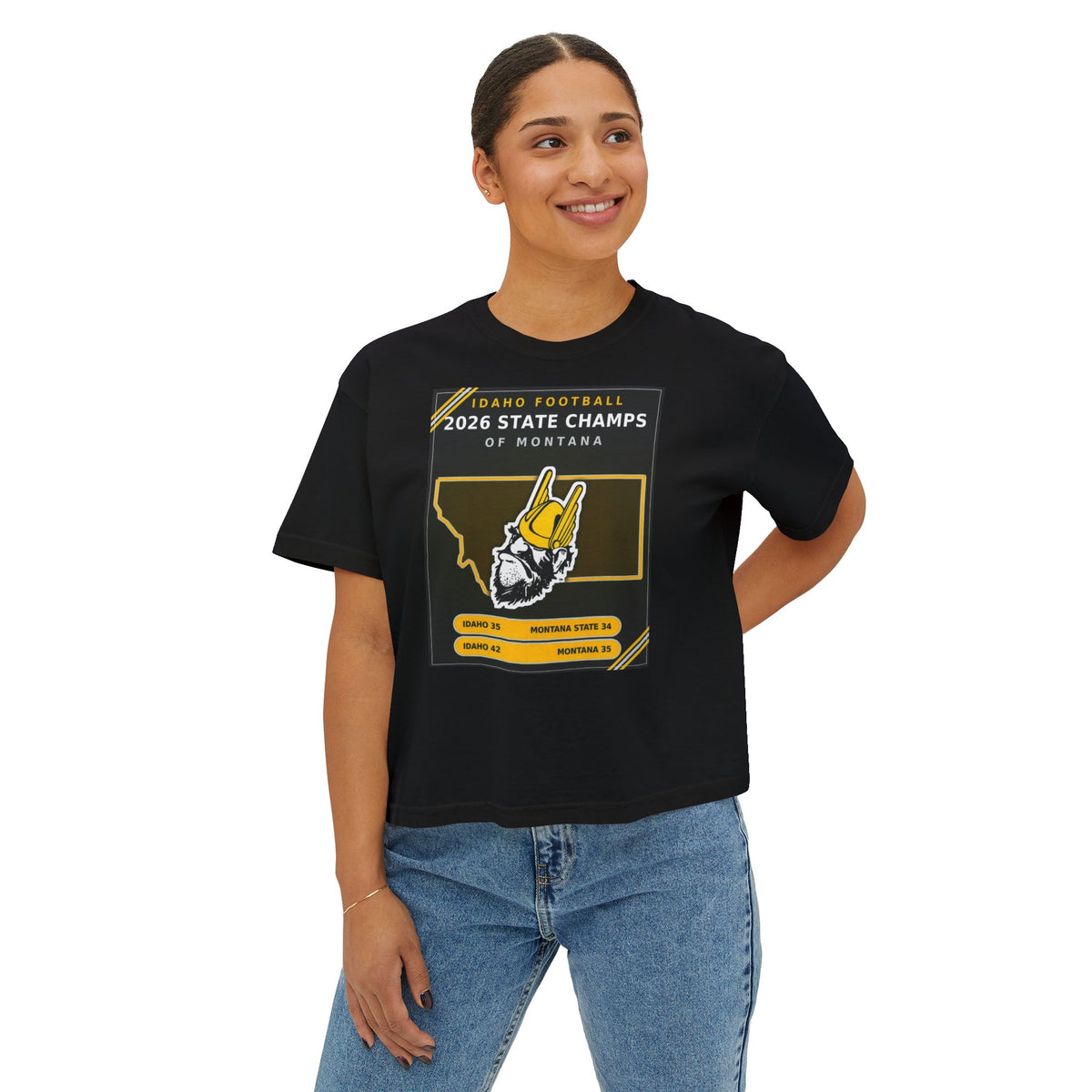 Idaho Football 2026 State Champs of Montana Women's Boxy Tee | Idaho Vandals Victory Shirt