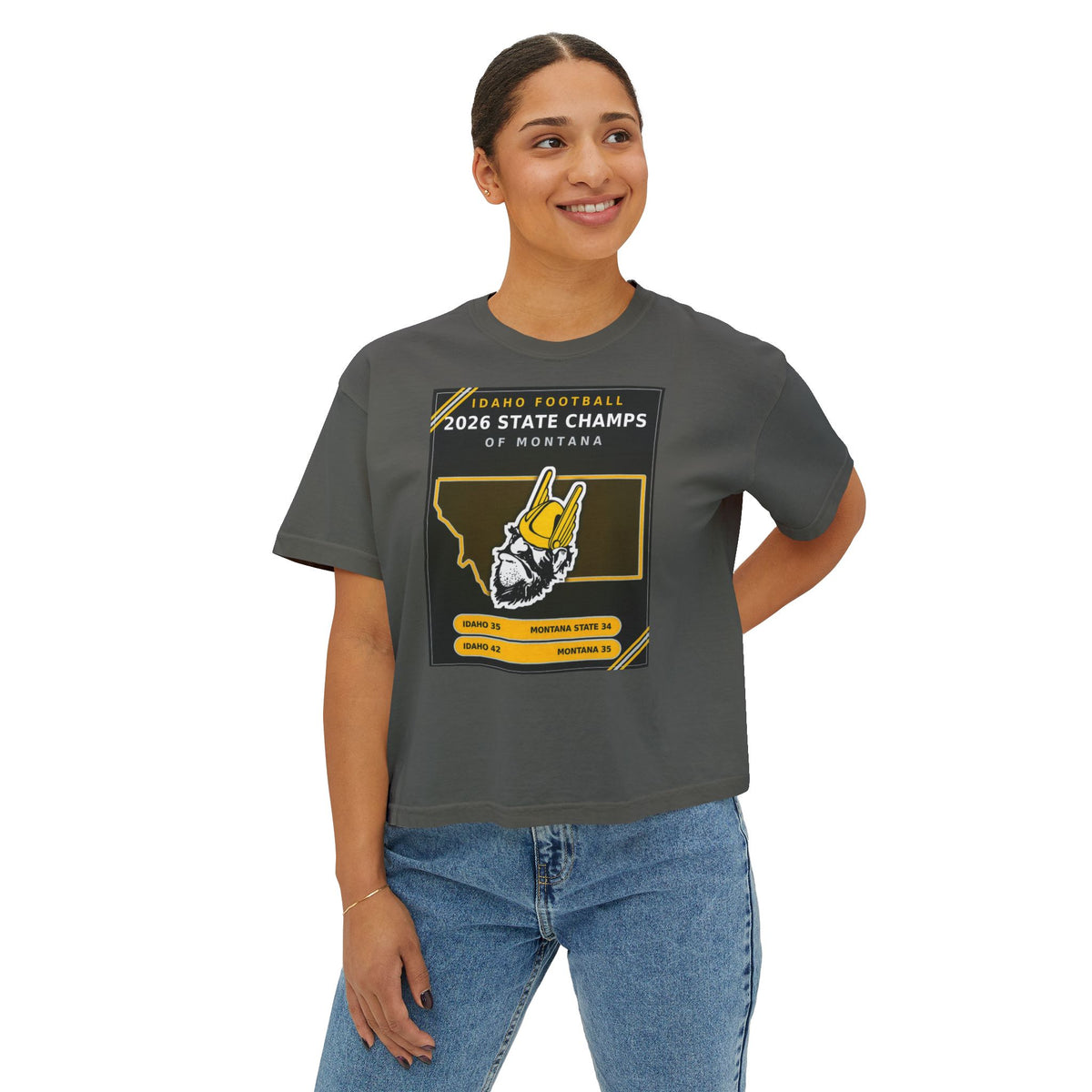 Idaho Football 2026 State Champs of Montana Women's Boxy Tee | Idaho Vandals Victory Shirt